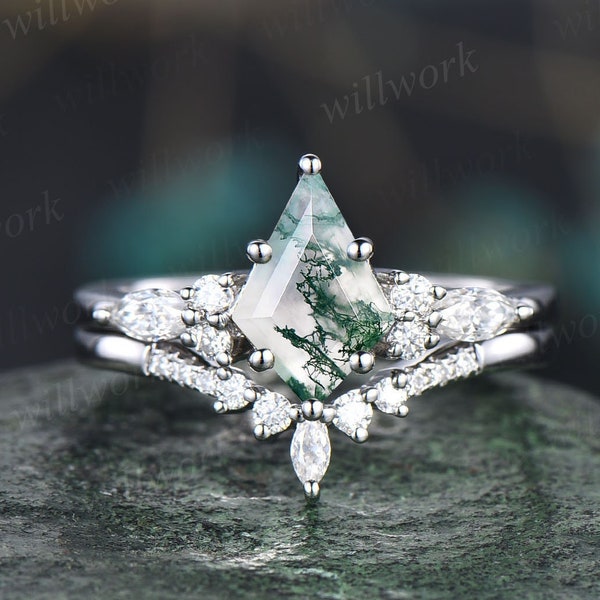 Vintage kite cut green moss agate engagement ring set 14k white gold marquise cut diamond ring for women unique bridal wedding ring set gift