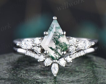 Ensemble de bagues de fiançailles en agate mousse verte coupée par cerf-volant vintage, en or blanc 14 carats, bague en diamants taille marquise pour femme, cadeau unique pour alliance