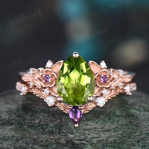 Vintage pear cut peridot engagement ring 14k rose gold twig leaf floral antique unique cluster diamond bridal wedding ring set women gift