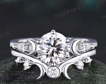 Vintage round lab grown diamond engagement ring set white gold sun moon star moissanite ring unique promise wedding ring women jewelry