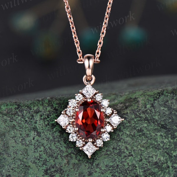 Vintage oval red garnet necklace solid 14k 18k rose gold art deco princess moissanite diamond necklace pendant women bridal promise gift