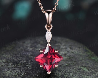 Princess cut red ruby necklace 14k rose gold two stone marquise moissanite pendant women her gemstone anniversary bridal gift mother