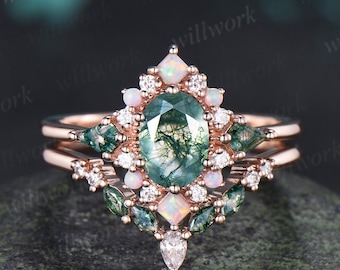 Anello di fidanzamento ovale in agata muschiata con agata, oro rosa 14 carati, opale princess con alone, set di anelli nuziali unici con promessa, anello retrò con gemma verde e argento