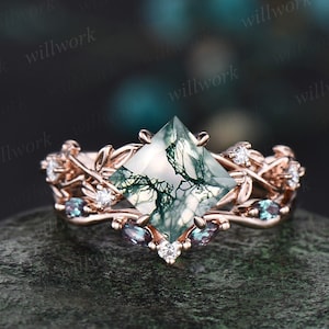 Princess cut green moss agate engagement ring 14k white gold five stone leaf branch Nature inspired alexandrite bridal ring set women gift