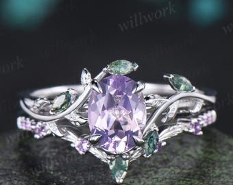 Oval cut Lavender Amethyst engagement ring 14k white gold leaf nature inspired moss agate half eternity purple amethyst bridal set women