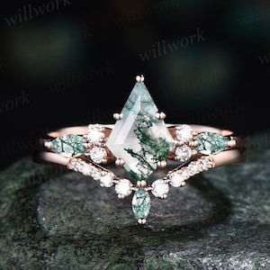 Kite cut green moss agate ring rose gold 6 prong art deco unique engagement ring women dainty diamond ring Personalized anniversary gift