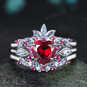 2ct heart shaped red ruby engagement ring 14k white gold leaf claw prong cluster aquamarine wedding promise ring set jewelry gift