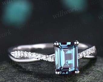 Anello di fidanzamento con alessandrite taglio smeraldo in oro bianco, stile retrò, 3/4 eternity, infinito, anello di promessa di matrimonio con diamanti, gioielli da lei