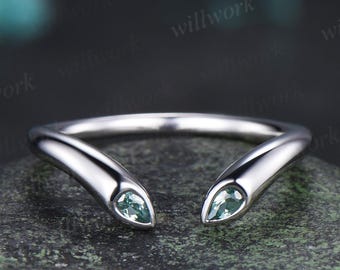 Open gap bezel pear green sapphire wedding band solid 14k white gold stacking bridal ring women silver
