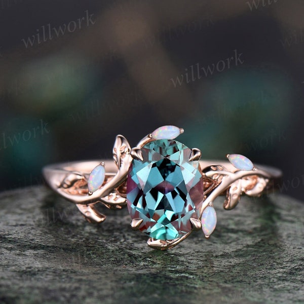 Oval Alexandrite ring vintage leaf marquise opal ring rose gold five stone unique nature inspired engagement ring twig wedding ring women