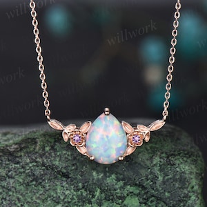 Pear white opal necklace solid 14k rose gold three stone art deco leaf nature inspired amethyst pendant women twig anniversary gift mother