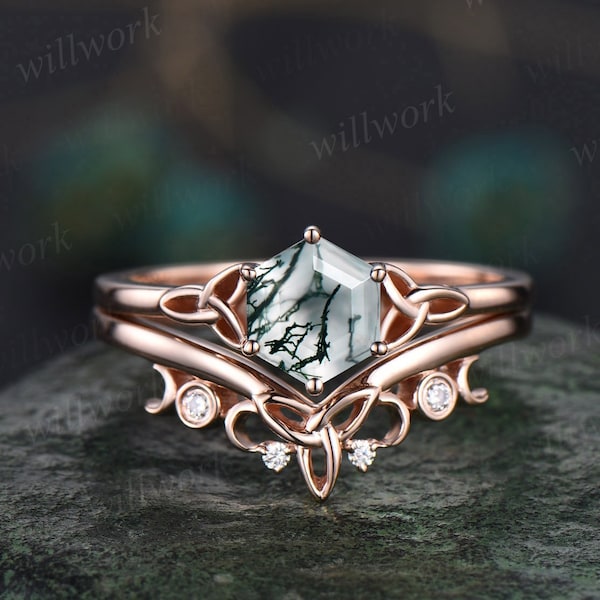 Unique hexagon cut green moss agate engagement ring set 14k rose gold solitaire Norse Viking ring Jewelry vintage wedding ring set for women