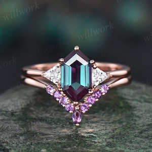 Alexandrite wedding ring set long hexagon cut Alexandrite engagement ring three stone rose gold amethyst ring moissanite promise ring women