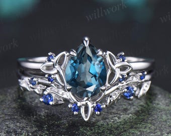 Pear shaped London blue topaz celtic knot unique engagement ring leaf sapphire bridal anniversary ring set jewelry gift for women
