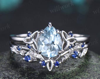 Pear shaped aquamarine celtic knot unique engagement ring leaf sapphire bridal wedding ring set jewelry gift for women