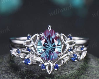 Pear fireworks cut alexandrite celtic knot unique engagement ring leaf sapphire bridal promise ring set jewelry gift for women