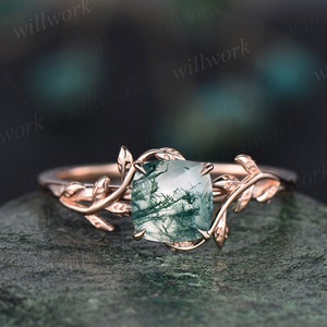 Cushion cut green moss agate ring vintage unique nature inspired engagement ring leaf 14k rose gold ring art deco bridal wedding ring women