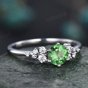 0.5ct Natural Tsavorite ring round cut Tsavorite engagement ring white gold snowdrift diamond ring 6 prong dainty unique wedding ring women