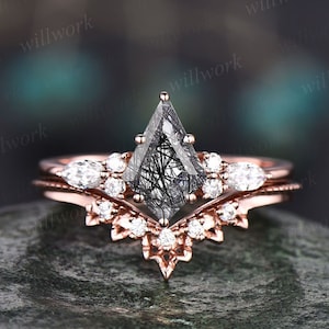 Vintage black rutilated quartz engagement ring 14k rose gold kite cut ring art deco moissanite ring for women unique bridal wedding ring set