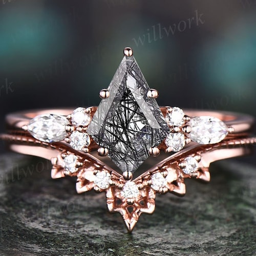 Black Rutilated Quartz engagement ring set Rhombus cut rose gold solid ring vintage diamond/moissanite ring antique bridal Anniversary ring