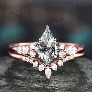 Kite cut black rutilated quartz ring engagement ring marquise rose gold 6 prong engagement ring women moissanite ring set promise ring set