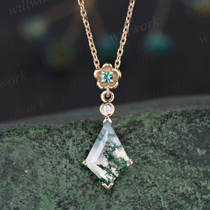 Kite cut natural moss agate necklace solid 14k 18k yellow gold bezel diamond floral emerald pendant women her anniversary bridal gift mother