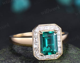 Emerald cut green emerald engagement ring halo bezel baguette cut diamond wedding promise ring jewelry 14k yellow gold women