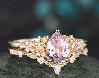 Vintage pear pink morganite engagement ring floral leaf diamond ring solid 14k  rose gold nature inspired bridal wedding ring set women