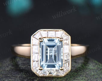 Emerald cut aquamarine engagement ring halo bezel baguette cut diamond wedding promise ring women 14k yellow gold jewelry