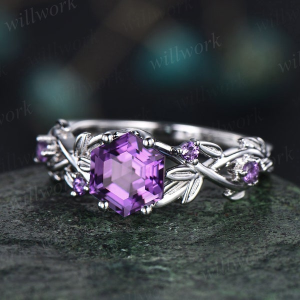 Amethyst Ring Vintage Amethyst Hexagon Ring 14k Weißgold Verlobungsring 14k Weißgold Blattring gedrehter Ehering Frauen Februar Geburtsstein Ring Geschenk