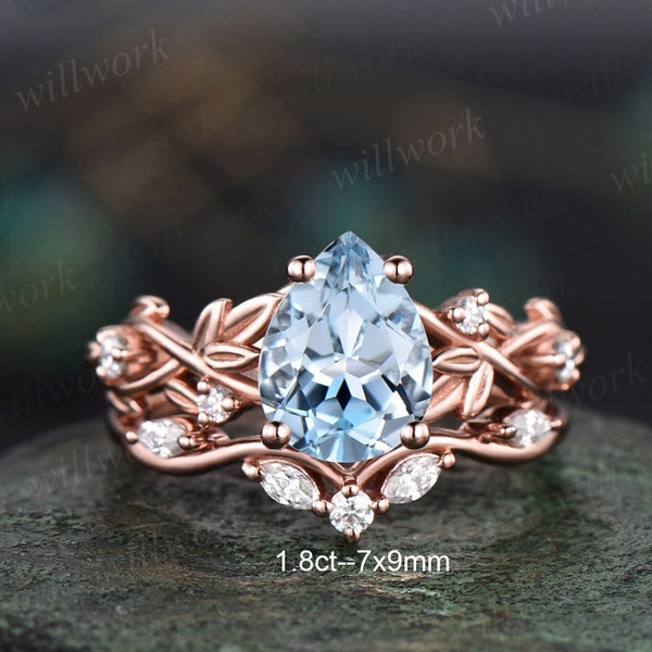 Twig pear shaped Aquamarine engagement ring set rose gold five stone leaf branch Nature inspired ring diamond wedding ring set women jewelry