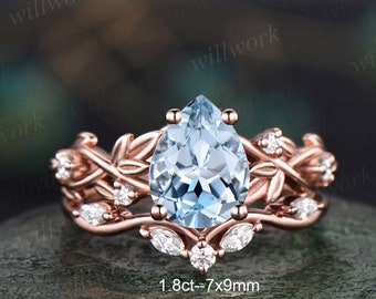 Twig pear shaped Aquamarine engagement ring set rose gold five stone leaf branch Nature inspired ring diamond wedding ring set women jewelry