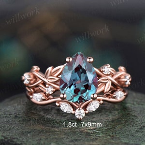 Twig pear shaped Alexandrite engagement ring set rose gold five stone leaf branch Nature inspired ring diamond wedding ring set women gift