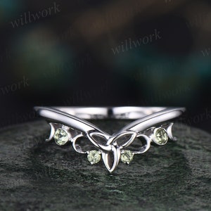 Curved peridot wedding band solid 14k white gold four stone moon ring Celtic knot Norse Viking wedding ring band August birthstone ring gift