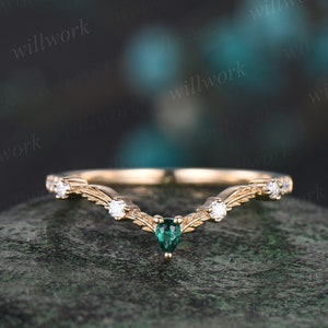 Vintage pear emerald diamond wedding band solid 14k yellow gold art deco leaf nature inspired stacking bridal anniversary ring women gift