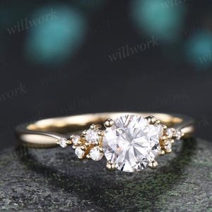 1ct round cut Lab grown diamond moissanite engagement ring solid 14k yellow gold cluster snowdrift wedding promise ring women