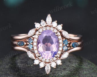 Oval cut Lavender amethyst ring 14k rose gold vintage halo engagement ring London blue topaz stacking bridal wedding ring set women silver