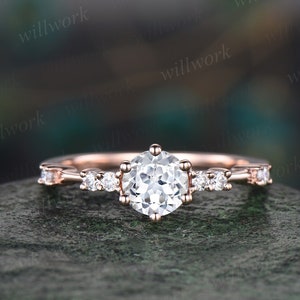 Dainty Round cut white sapphire ring unique white sapphire engagement ring for women 6 prong rose gold ring 7 stone diamond promise ring