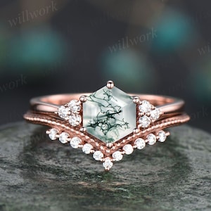 Hexagon cut green moss agate ring rose gold silver vintage unique engagement ring set six prong dainty moissanite bridal ring set for women