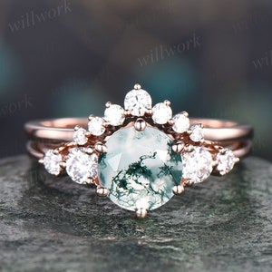 Unique moss agate bridal ring set vintage green moss agate engagement ring set rose gold five stone minimalist moissanite ring set for women