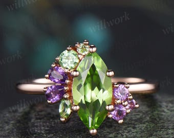1ct marquise cut peridot engagement ring 14k rose gold 6 prong cluster amethyst ring women anniversary gift for her August birthstone silver