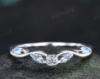 Curved Aquamarine moonstone wedding band floral women solid 14k white gold matching stacking five stone anniversary gift