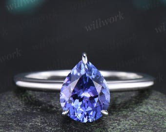 Pear cut natural Tanzanite engagement ring solid 14k white gold hidden halo diamond vintage wedding promise ring women jewelry