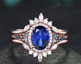 Oval cut sapphire ring 14k rose gold vintage halo engagement ring London blue topaz stacking bridal wedding ring set women jewelry