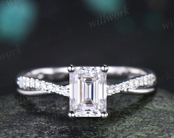 Anello di fidanzamento con moissanite taglio smeraldo in oro bianco, stile retrò, 3/4 eternity, infinito, anello di promessa di matrimonio con diamanti, gioielli da lei