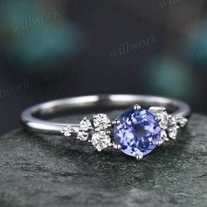 Round natural blue tanzanite ring vintage unique engagement ring 14k white gold 6 prong snowdrift diamond anniversary wedding ring for women image 1