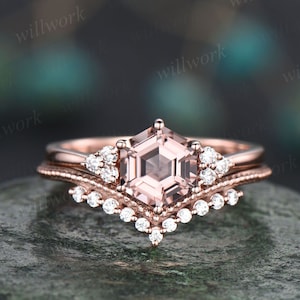 Hexagon cut pink Morganite engagement ring set for women 14k rose gold round diamond ring vintage unique bridal wedding promise ring set