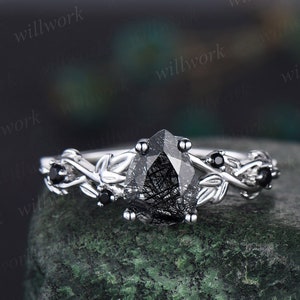 Vintage Birne schwarzer Rutilquarz Ring Blatt Zweig natur inspiriert Verlobungsring fünf Stein schwarzer Diamant Weißgold Brautring Frauen