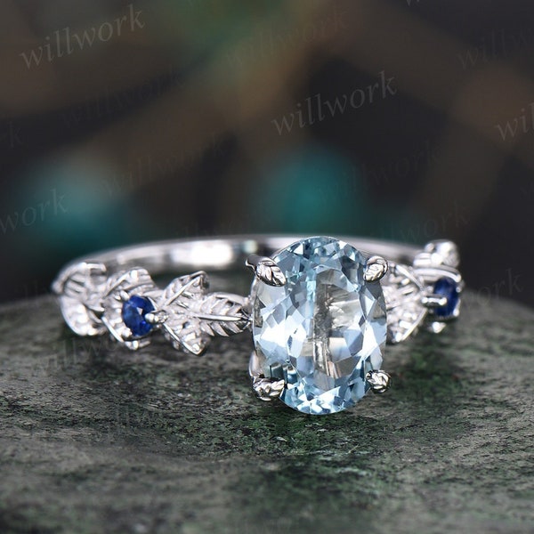 Oval cut Aquamarine ring vintage unique engagement ring white gold Nature inspired leaf twig ring sapphire ring women wedding promise ring