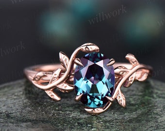 Vintage Alexandrite engagement ring leaf flower 14k rose gold ring oval cut color change Alexandrite ring for women sterling silver jewelry